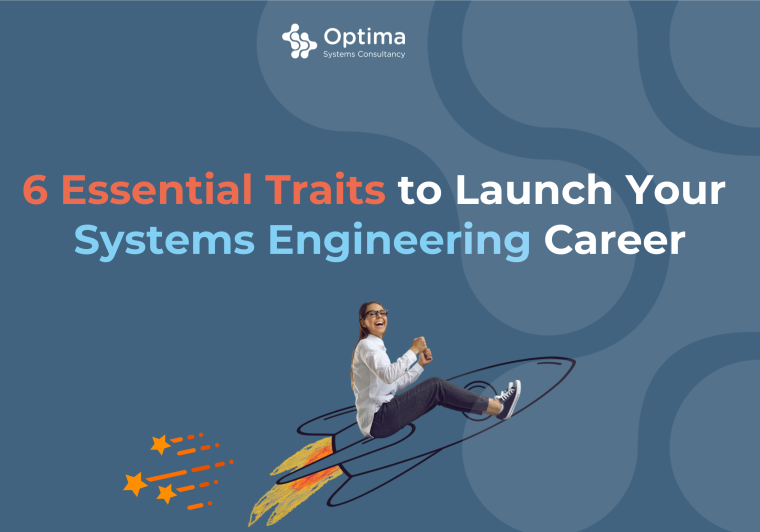 Image of a young woman riding a rocket with a headline: 6 Essential Traits to Launch Your Systems Engineering Career.