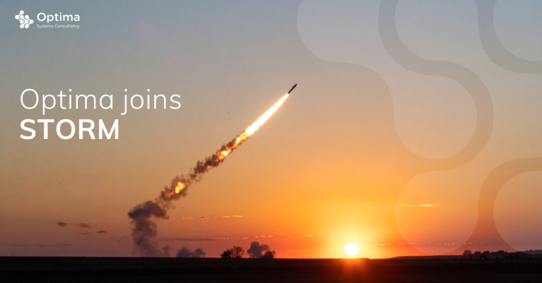 Illustration image of a misslie launched with Optima branding and a title line: "Optima joins STORM."